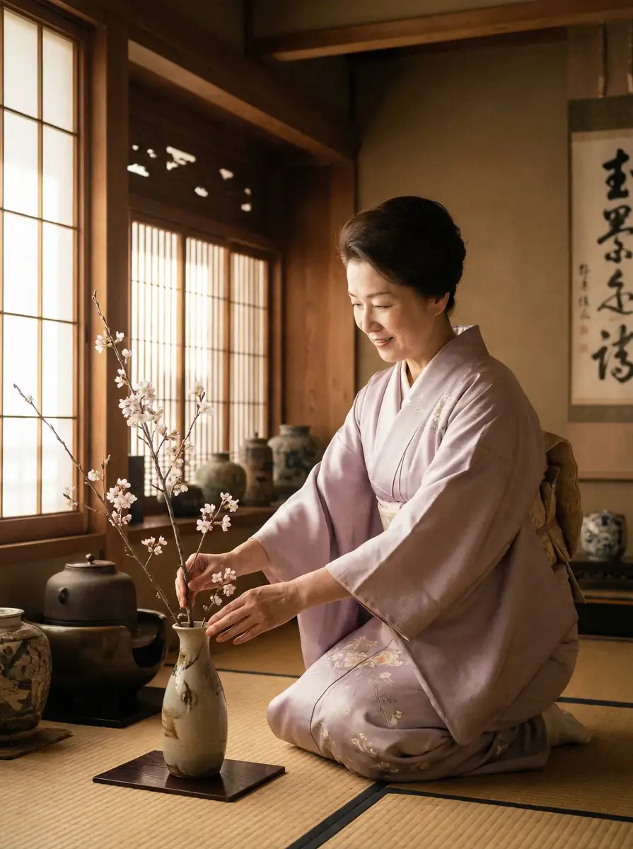一位优雅的 尊龙平台 在和室中插花